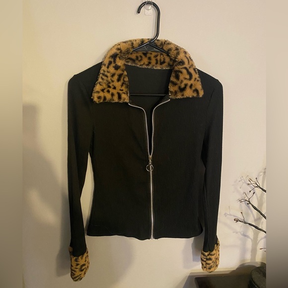Jackets & Blazers - Leopard Trim Black Jacket